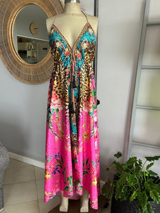 Luxury Silk Crepe Halter Maxi Dress with Handbeaded Crystals