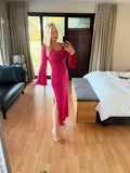 Boutique Collection - Fuscia Pink Bell Sleeved, Double Slit Dress with Front Lace Up