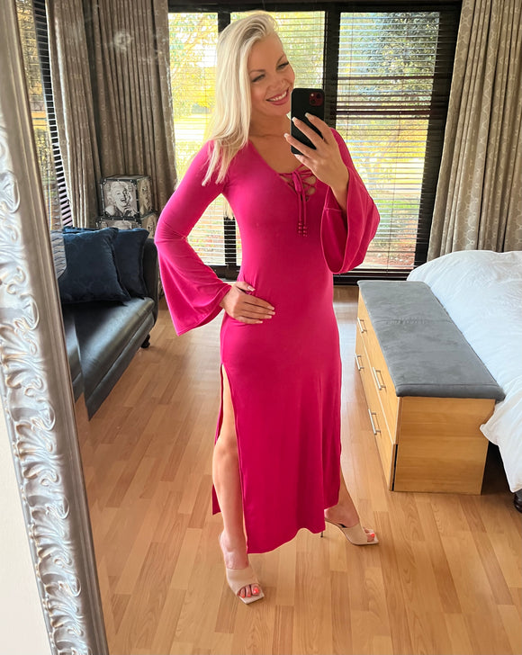 Boutique Collection - Fuscia Pink Bell Sleeved, Double Slit Dress with Front Lace Up