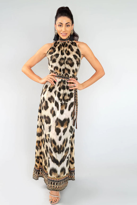 Luxury Silk Crepe - Halter Neck Dress - Leopard Afrique