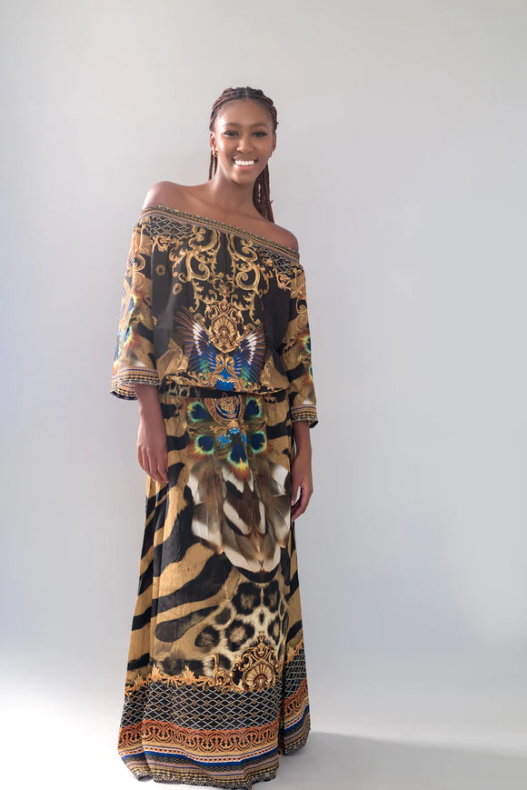 Luxury Silk Crepe Off Shoulder Dress - Exotic Zebra