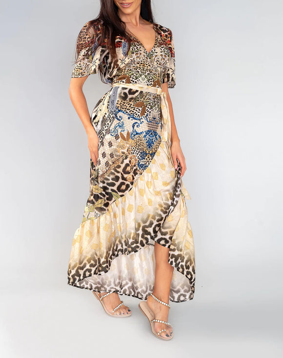 Luxury Silk Crepe - Frill Wrap Dress - Tribal Vintage