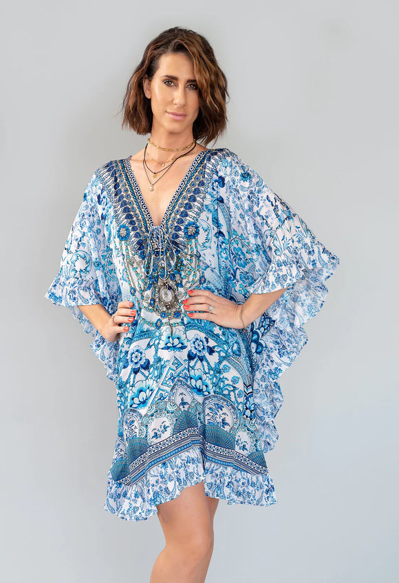 Luxury Silk Crepe Azul Kaftan with Crystals