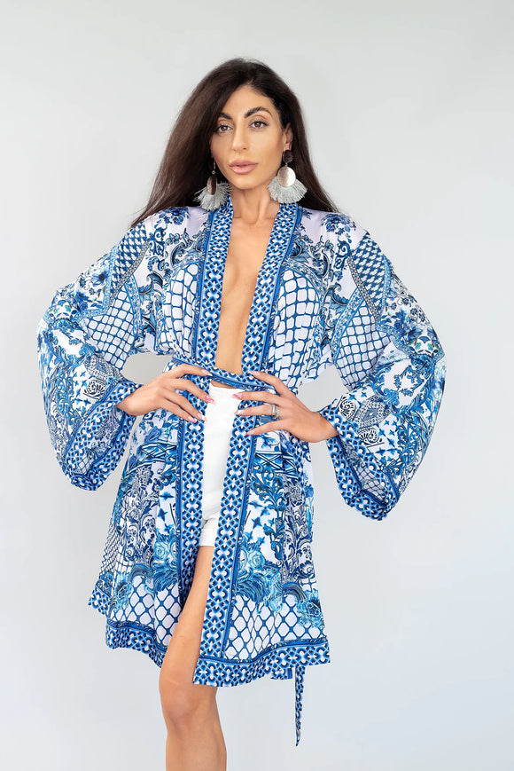 Luxury Silk Crepe - Azul Mosaic Kimono