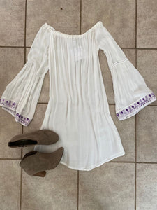 White Cheesecloth Dress with Lilac Trim - S/M